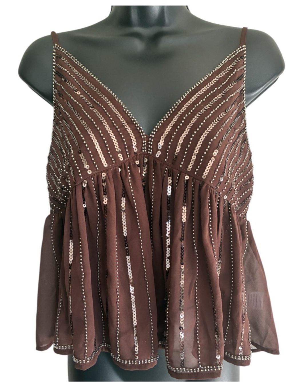 L/C Lizette Collection Brown Sequin-Embellished Spaghetti Strap Top - Size S